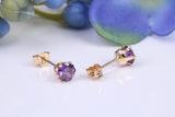 Small 4 mm Round Amethyst Cubic Zirconia set Stud Earrings, Made from Solid 9ct Yellow Gold