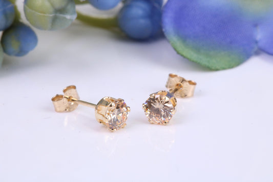 4 mm Round Champagne Coloured Cubic Zirconia Six Claw set Stud Earrings, Made from Solid 9ct Yellow Gold