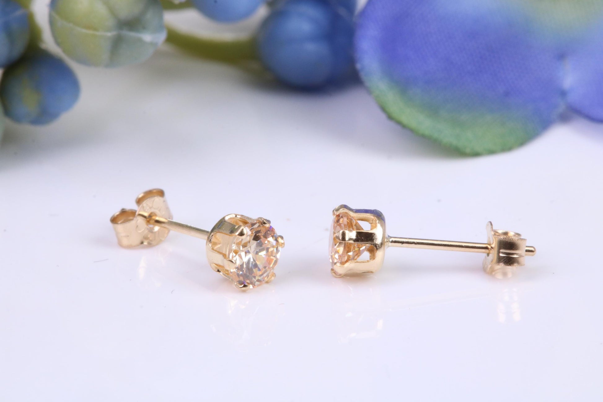 4 mm Round Champagne Coloured Cubic Zirconia Six Claw set Stud Earrings, Made from Solid 9ct Yellow Gold