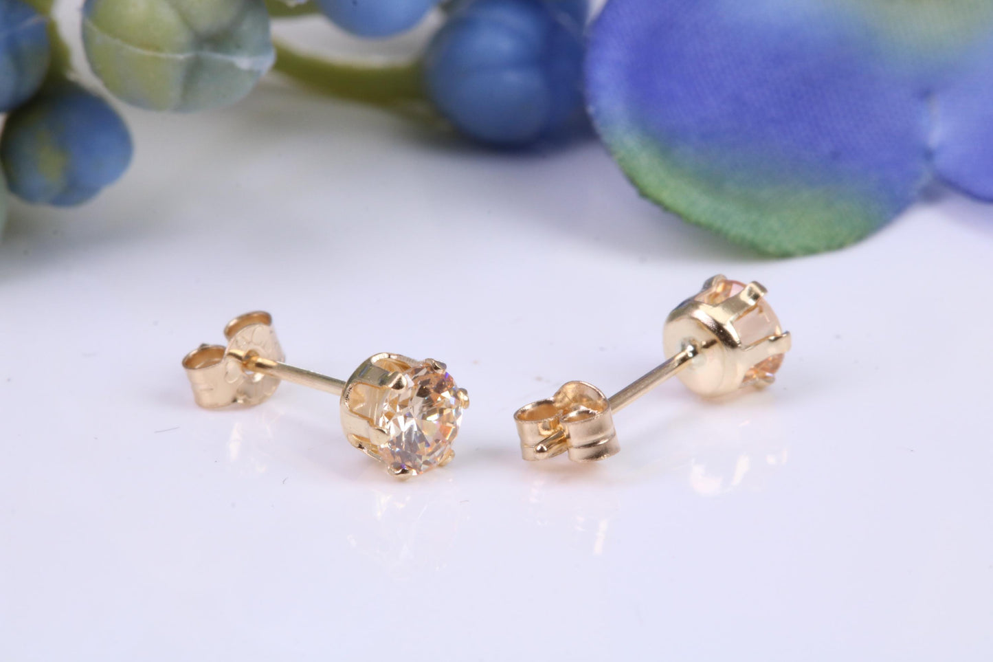4 mm Round Champagne Coloured Cubic Zirconia Six Claw set Stud Earrings, Made from Solid 9ct Yellow Gold