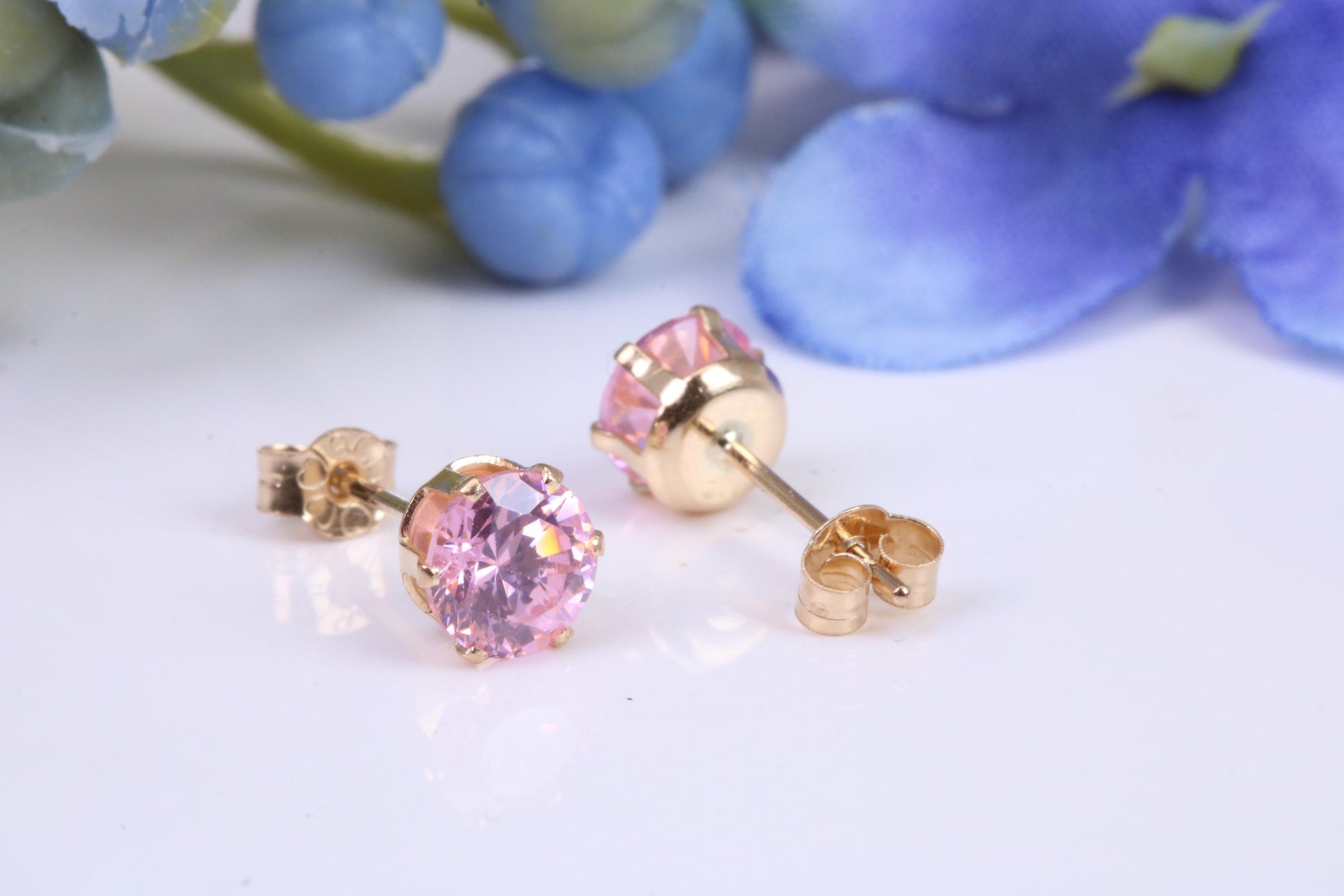 Small 5 mm Round Pink Cubic Zirconia set Stud Earrings, Made from Solid 9ct Yellow Gold