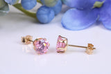 Small 5 mm Round Pink Cubic Zirconia set Stud Earrings, Made from Solid 9ct Yellow Gold