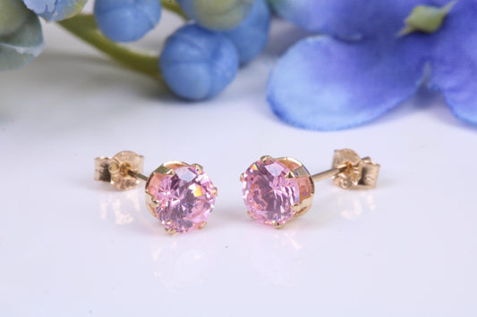 Small 5 mm Round Pink Cubic Zirconia set Stud Earrings, Made from Solid 9ct Yellow Gold