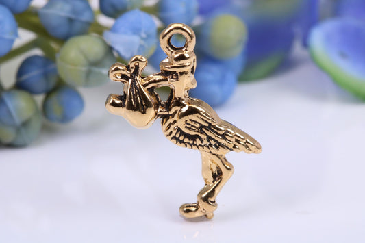 Stork Delivering Baby Charm, Made from Solid Cast Yellow Gold, British Hallmarked, Complete with Attachment Link