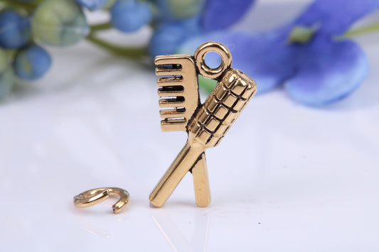 Comb and Hair Brush Charm, Traditional Charm, Made from Solid Cast Yellow Gold, British Hallmarked