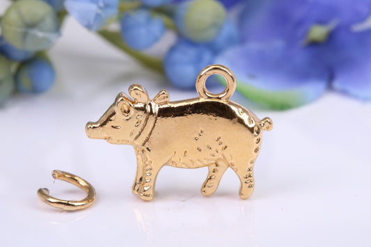 Farm Pig Charm, Made from Solid Yellow Gold, British Hallmarked, Complete with Attachment Link