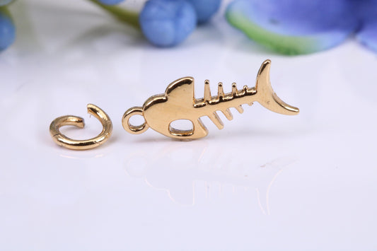 Fishbone Charm, Made from Solid Cast Yellow Gold, British Hallmarked, Complete with Attachment Link