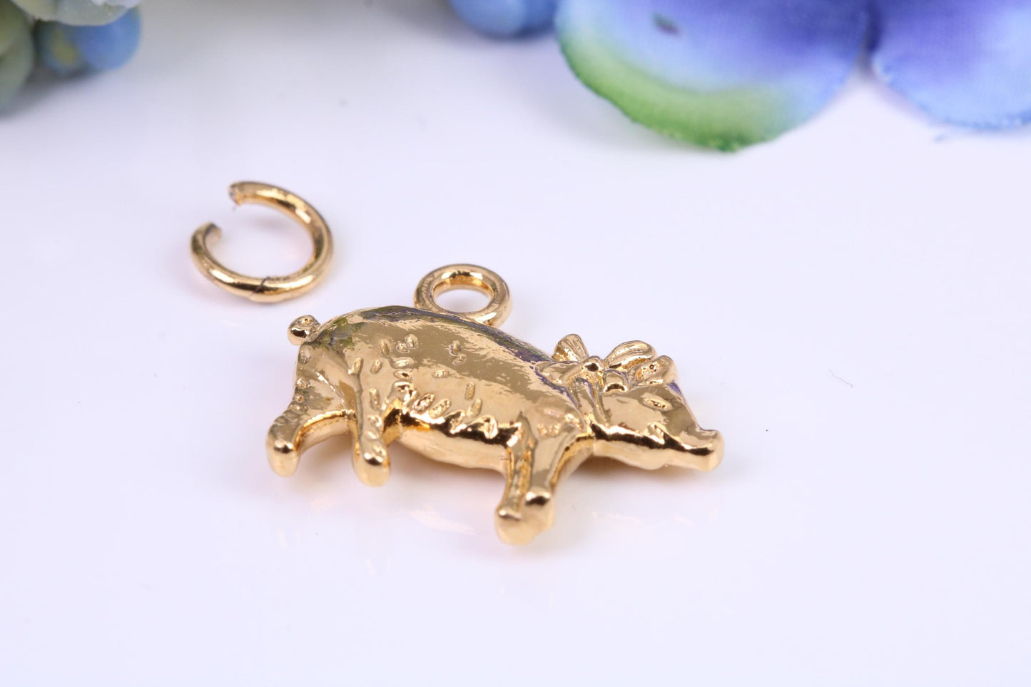 Farm Pig Charm, Made from Solid Yellow Gold, British Hallmarked, Complete with Attachment Link