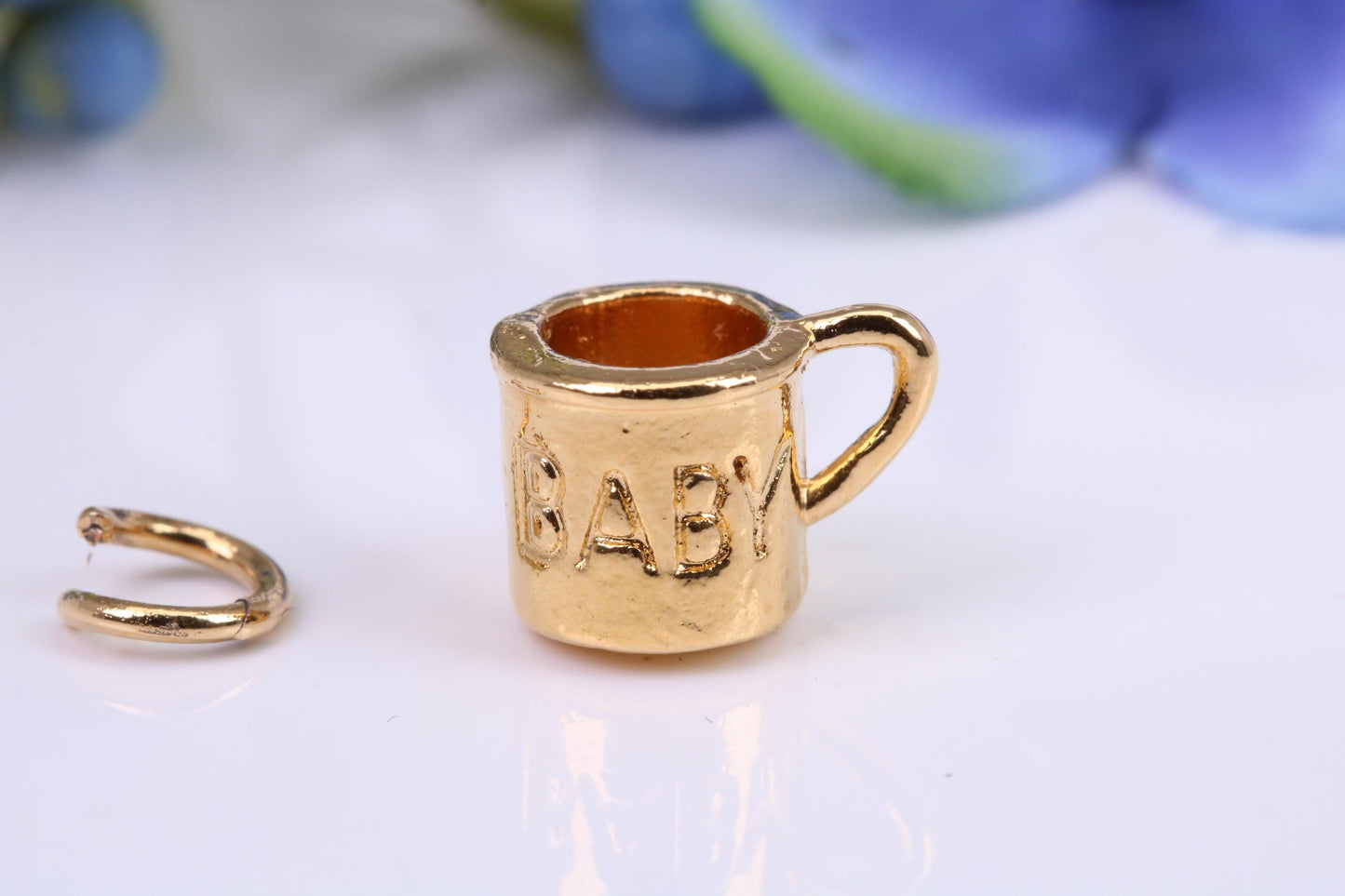 Baby Mug Charm, Made from Solid Yellow Gold, British Hallmarked, Complete with Attachment Link