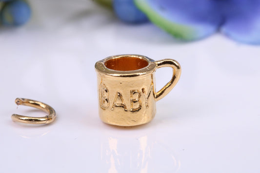 Baby Mug Charm, Made from Solid Yellow Gold, British Hallmarked, Complete with Attachment Link