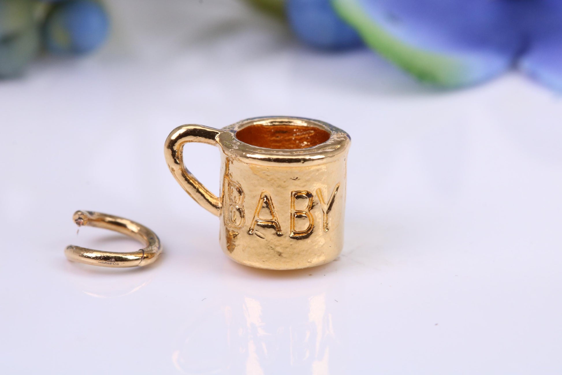 Baby Mug Charm, Made from Solid Yellow Gold, British Hallmarked, Complete with Attachment Link