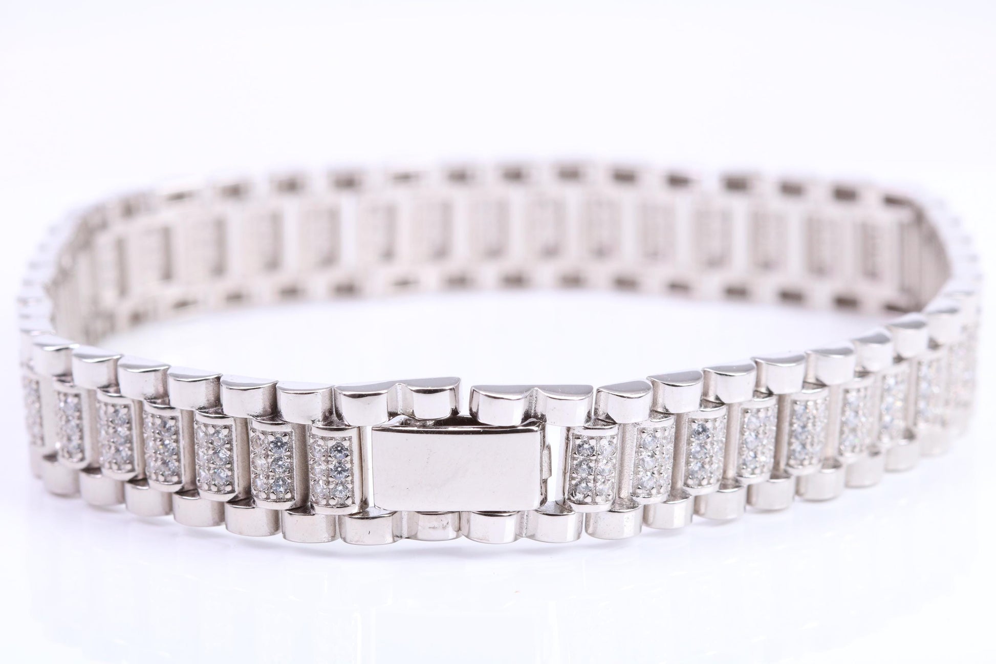 Gents Heavy Watch Strap Style Bracelet, AAA Graded C Z, Made from solid Sterling Silver, 8.50 Inches Long and 11 mm Wide, British Hallmarked
