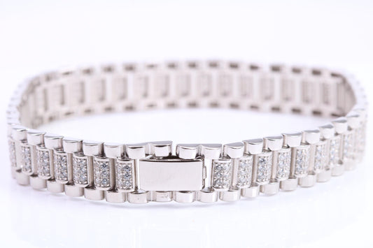 Gents Heavy Watch Strap Style Bracelet, AAA Graded C Z, Made from solid Sterling Silver, 8.50 Inches Long and 11 mm Wide, British Hallmarked