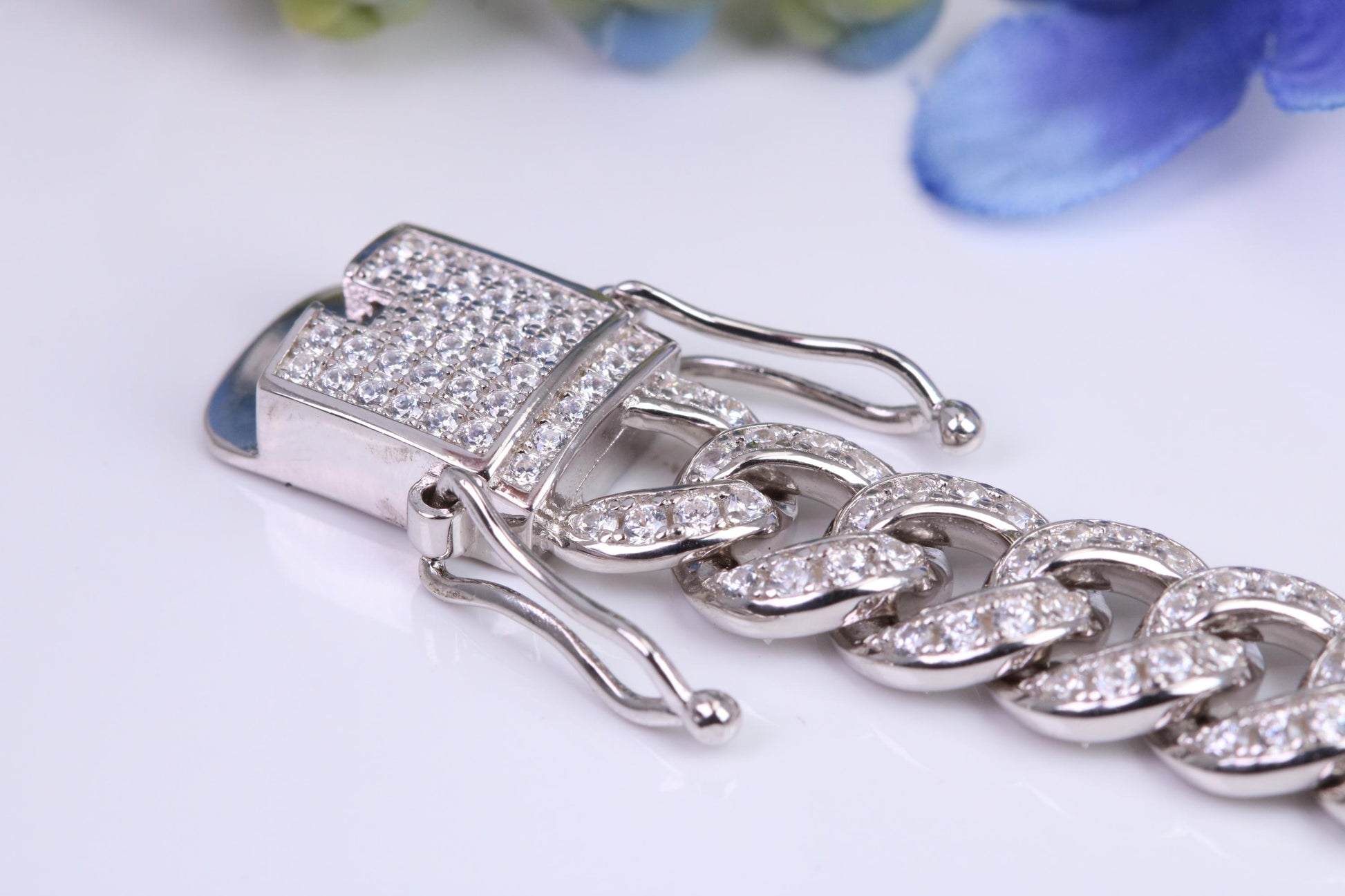 Gents Heavy Cuban Link Bracelet, AAA Graded C Z, Made from solid Sterling Silver, 8.50 Inches Long and 9 mm Wide, British Hallmarked