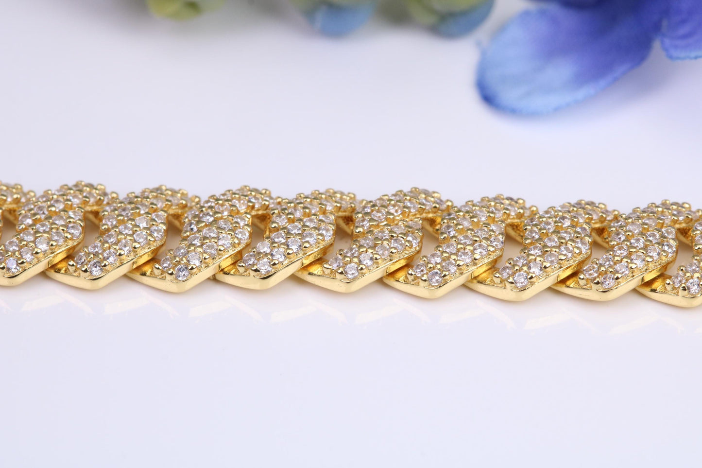 Gents heavy 24 inch Chain, Flat Cubic Zirconia set Links, made from solid Sterling Silver, 22 Inches Long x 8 mm wide, Yellow Gold Plated