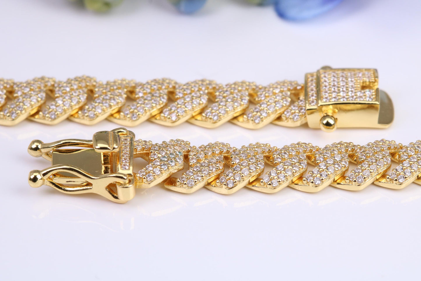 Gents heavy 24 inch Chain, Flat Cubic Zirconia set Links, made from solid Sterling Silver, 22 Inches Long x 8 mm wide, Yellow Gold Plated