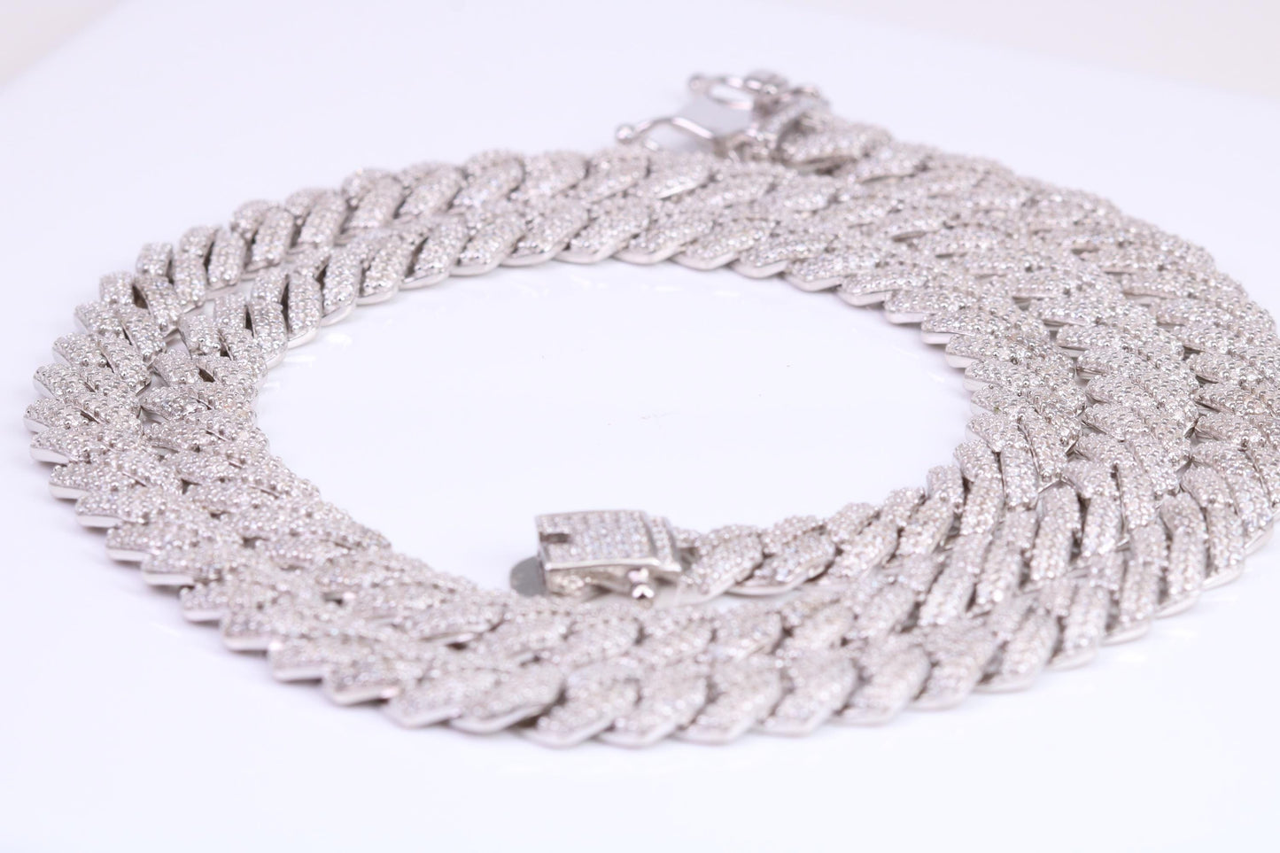 Gents heavy 24 inch Chain, Flat Cubic Zirconia set Links, made from solid Sterling Silver, 24 Inches Long x 8.50 mm wide