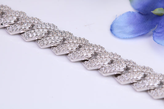 Gents heavy 24 inch Chain, Flat Cubic Zirconia set Links, made from solid Sterling Silver, 24 Inches Long x 8.50 mm wide