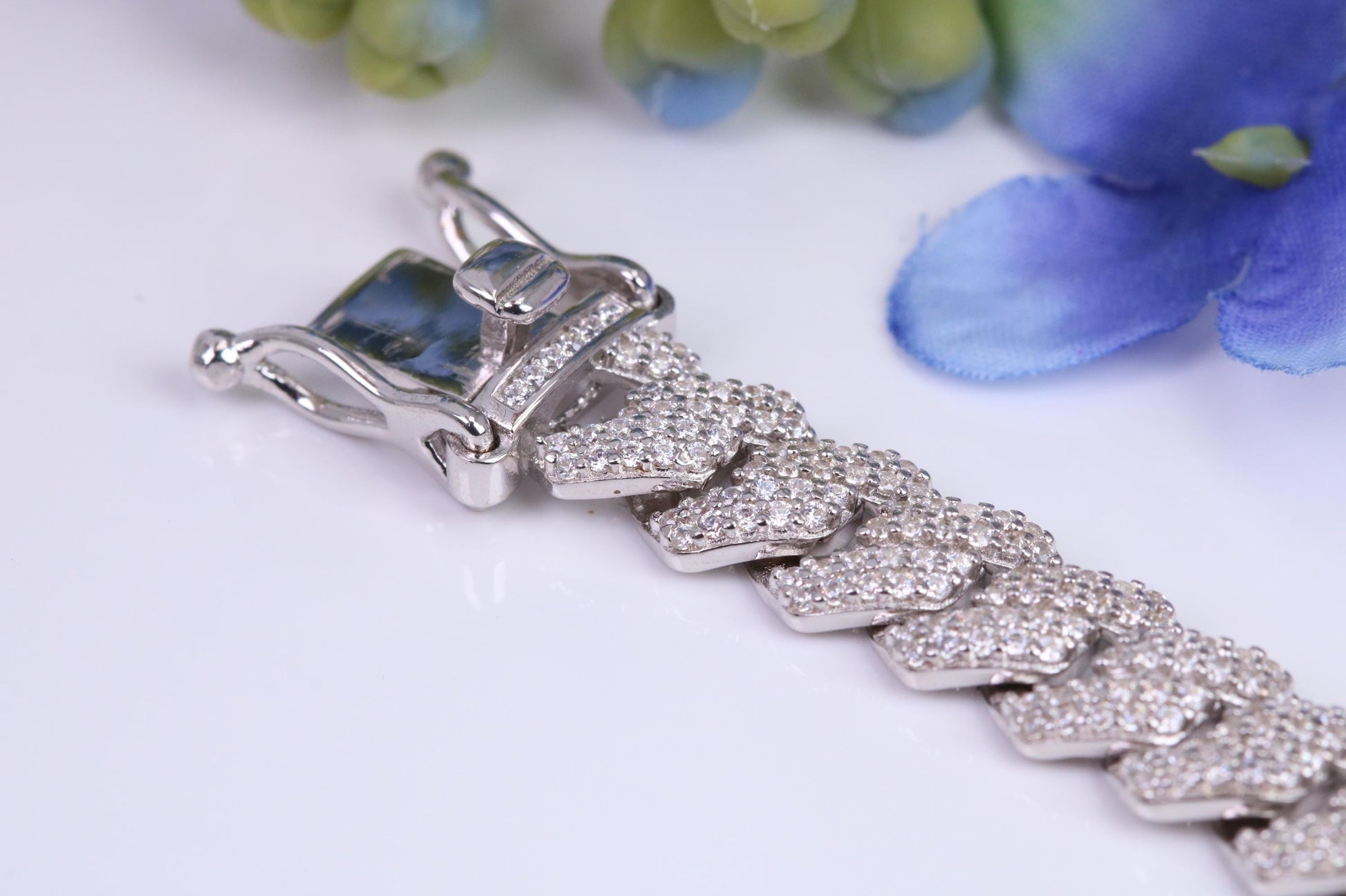 Gents heavy 24 inch Chain, Flat Cubic Zirconia set Links, made from solid Sterling Silver, 24 Inches Long x 8.50 mm wide