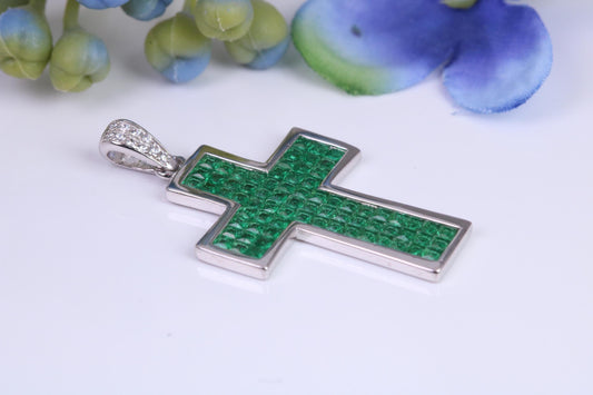 30 mm Long Emerald C Z set Sterling Silver Cross, Made From Solid Cast Silver