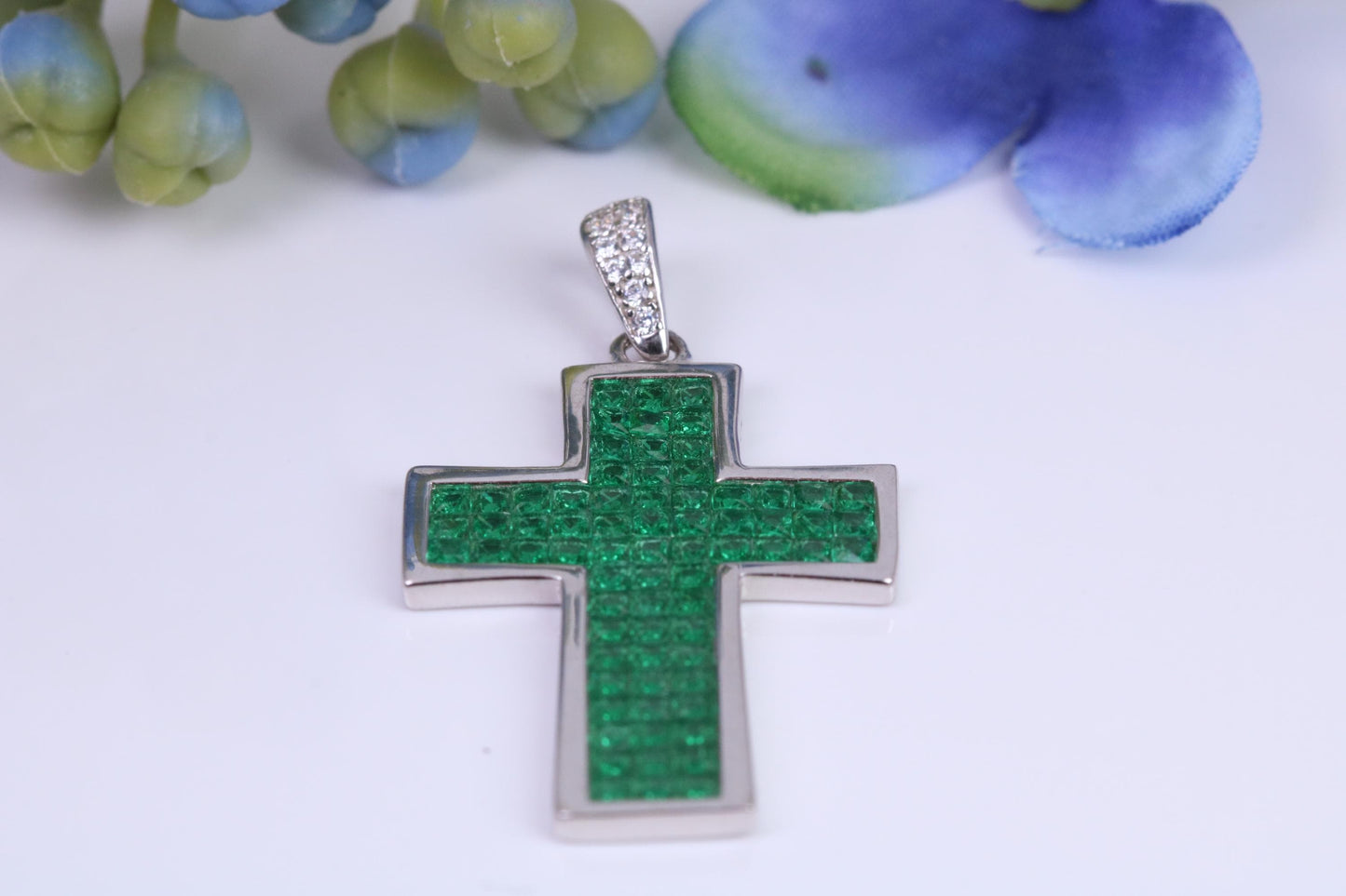 30 mm Long Emerald C Z set Sterling Silver Cross, Made From Solid Cast Silver