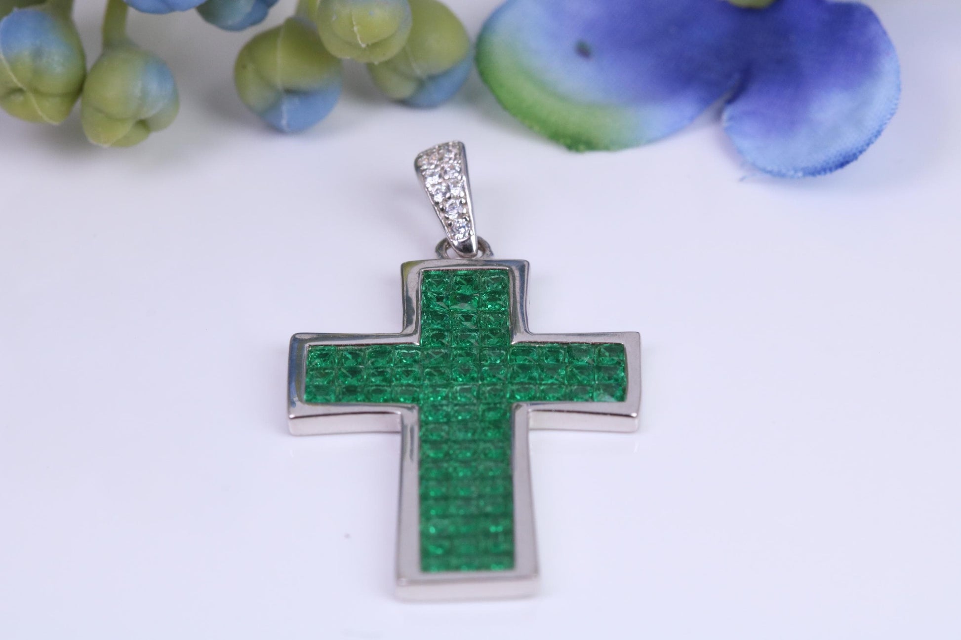 30 mm Long Emerald C Z set Sterling Silver Cross, Made From Solid Cast Silver