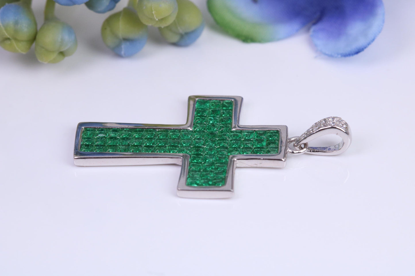 30 mm Long Emerald C Z set Sterling Silver Cross, Made From Solid Cast Silver