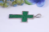 30 mm Long Emerald C Z set Sterling Silver Cross, Made From Solid Cast Silver