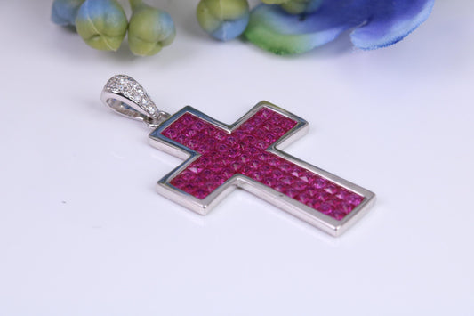 30 mm Long Ruby C Z set Sterling Silver Cross, Made From Solid Cast Silver