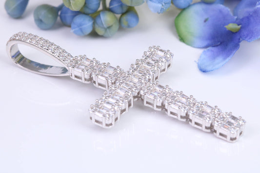Large 65 mm Long Cubic Zirconia set Cross Necklace, made from solid Sterling Silver