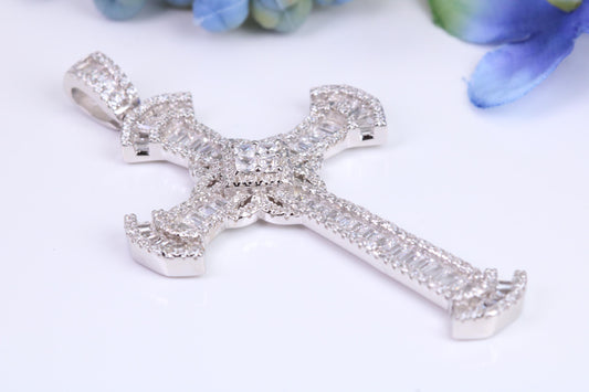 Large 57 mm Long Cubic Zirconia set Cross Necklace, made from solid Sterling Silver