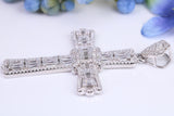 Large 55 mm Long Cubic Zirconia set Cross Necklace, made from solid Sterling Silver, Complete with Heavy Belcher Chain