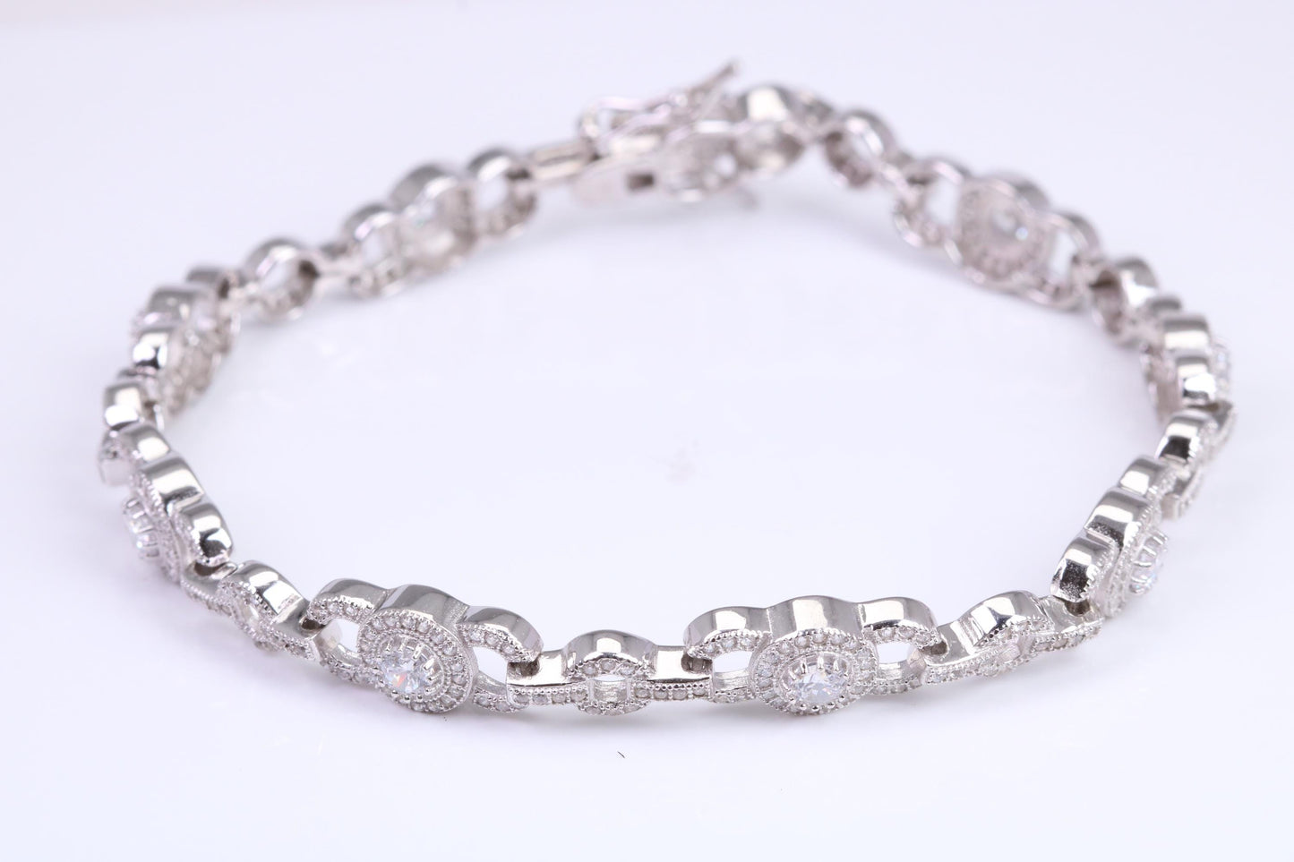Heavy Bracelet, AAA Graded C Z set, Made from solid Sterling Silver, 8.75 Inches Long and 8 mm Wide, British Hallmarked