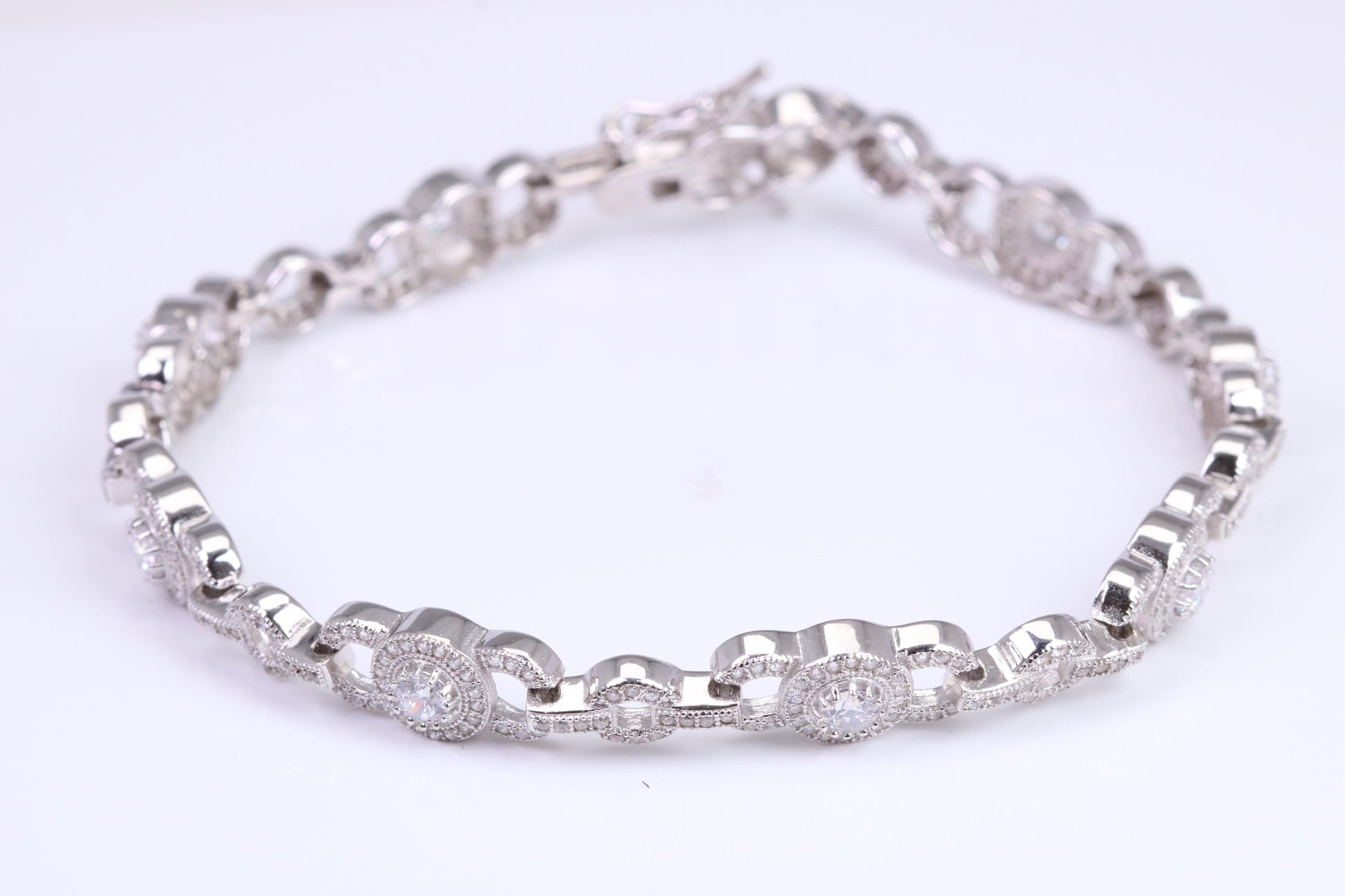Heavy Bracelet, AAA Graded C Z set, Made from solid Sterling Silver, 8.75 Inches Long and 8 mm Wide, British Hallmarked