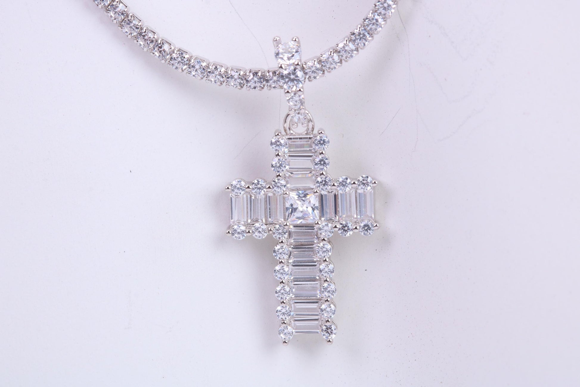 28 mm Long Cubic Zirconia set Cross Necklace, made from solid Sterling Silver