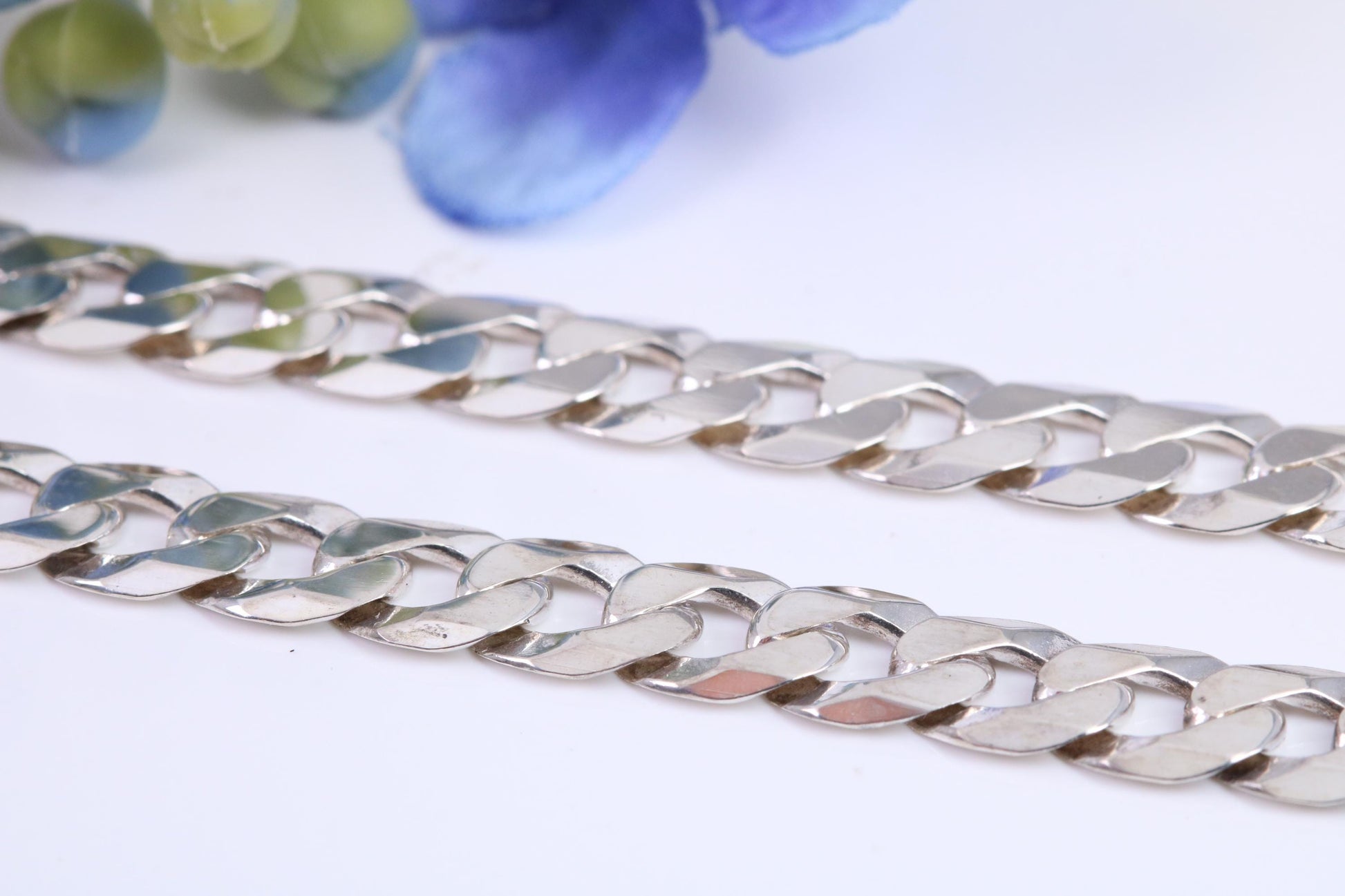 Gents heavy Diamond cut Flat Curb Chain, made from solid Sterling Silver, 26 Inches Long x 7 mm wide, British Hallmarked