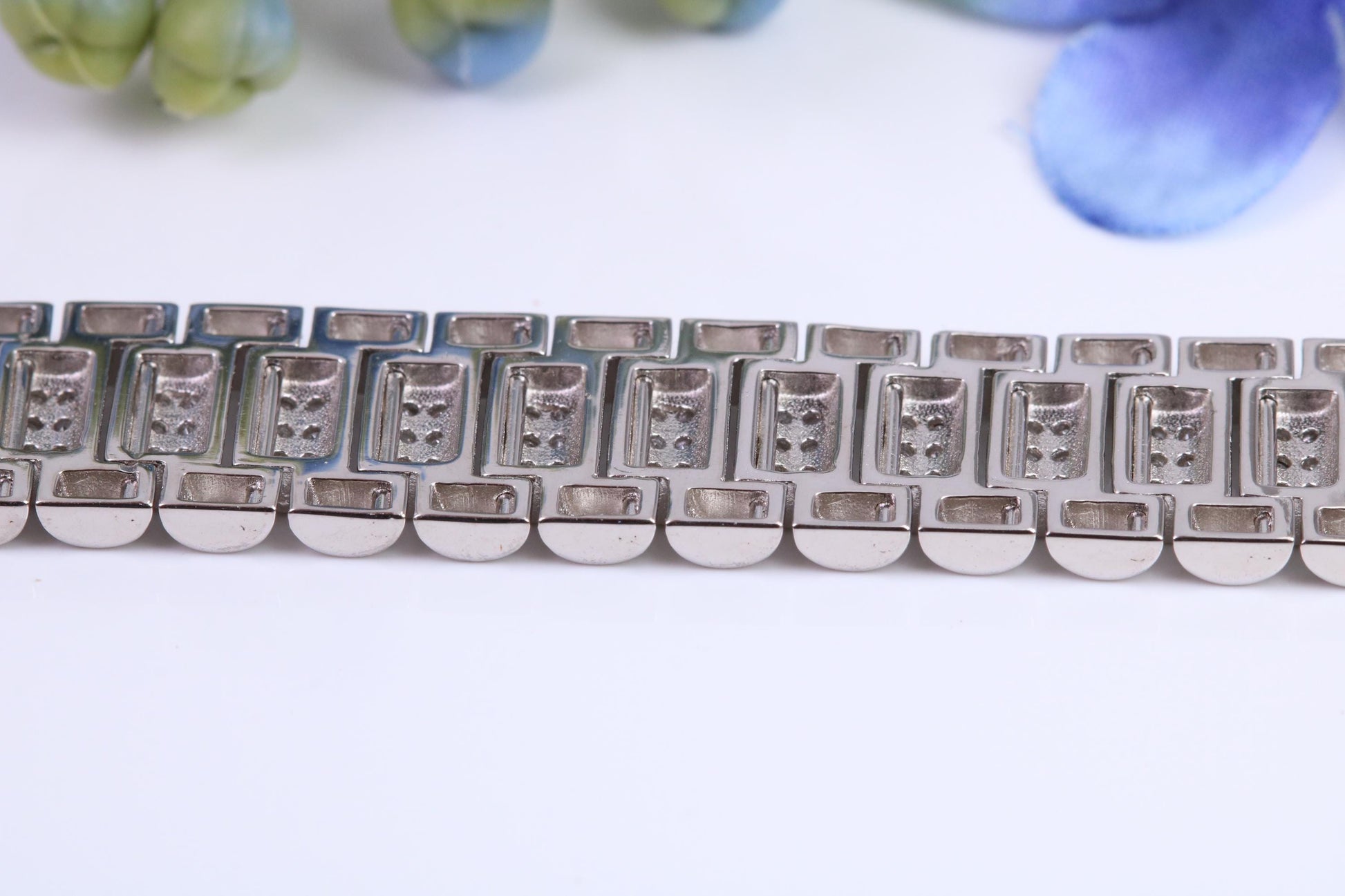 Gents Heavy Watch Strap Style Bracelet, AAA Graded C Z, Made from solid Sterling Silver, 8.50 Inches Long and 11 mm Wide, British Hallmarked