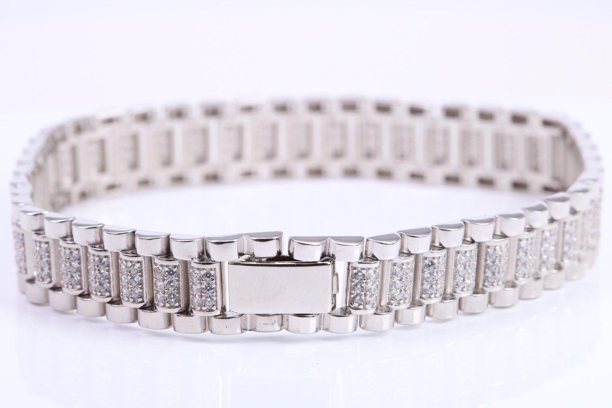 Gents Heavy Watch Strap Style Bracelet, AAA Graded C Z, Made from solid Sterling Silver, 8.50 Inches Long and 11 mm Wide, British Hallmarked