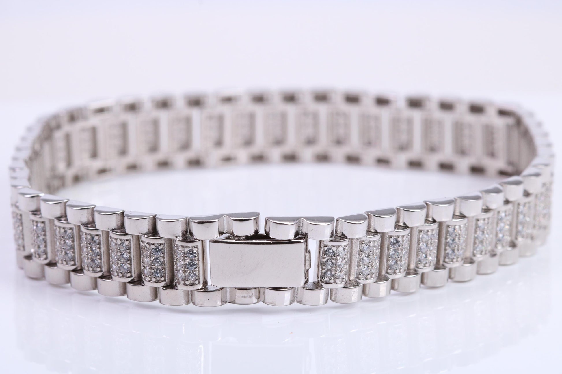 Gents Heavy Watch Strap Style Bracelet, AAA Graded C Z, Made from solid Sterling Silver, 8.50 Inches Long and 11 mm Wide, British Hallmarked