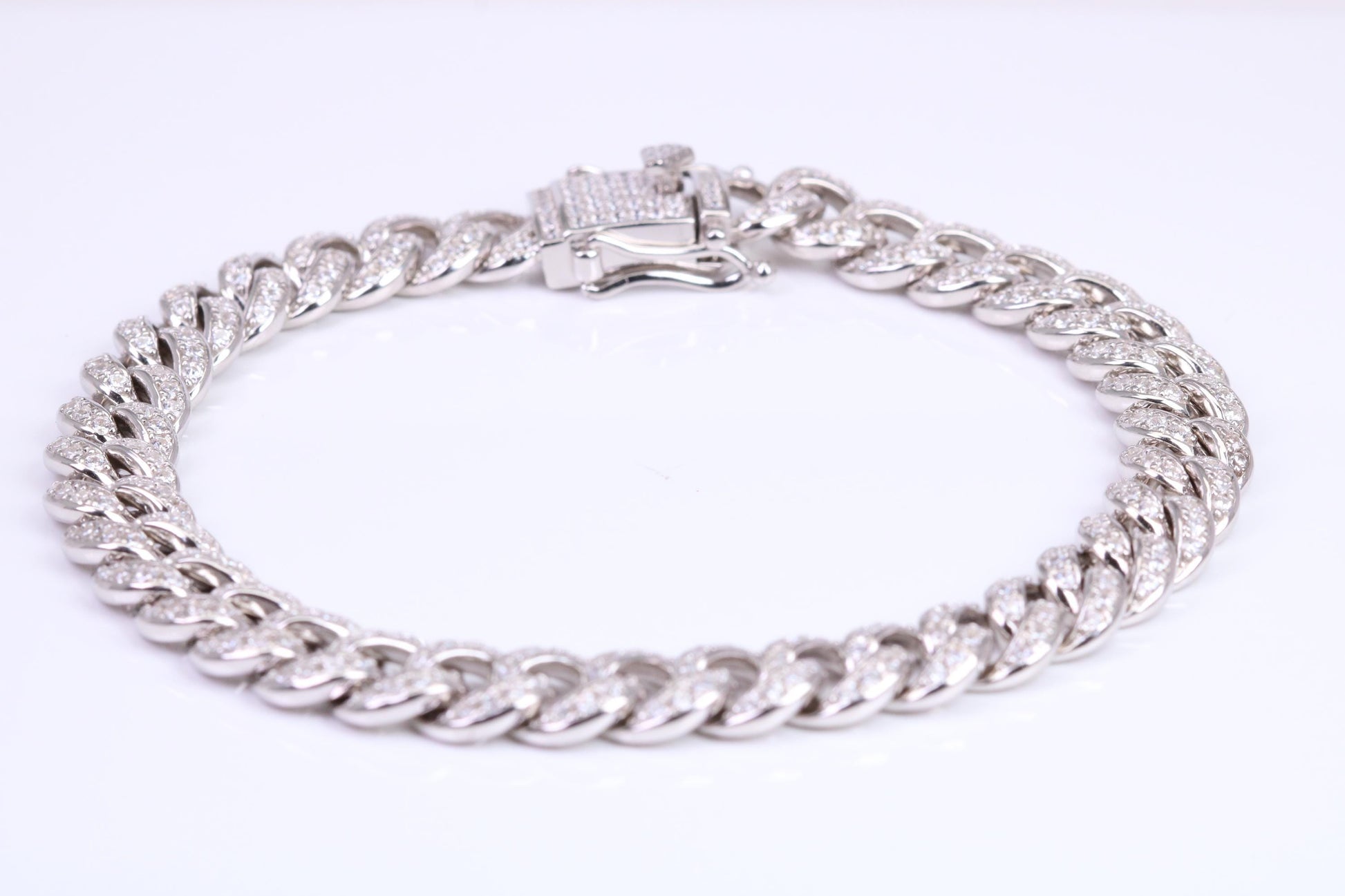 Gents Heavy Cuban Link Bracelet, AAA Graded C Z, Made from solid Sterling Silver, 8.50 Inches Long and 9 mm Wide, British Hallmarked