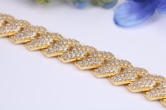 Gents heavy 24 inch Chain, Flat Cubic Zirconia set Links, made from solid Sterling Silver, 22 Inches Long x 8 mm wide, Yellow Gold Plated