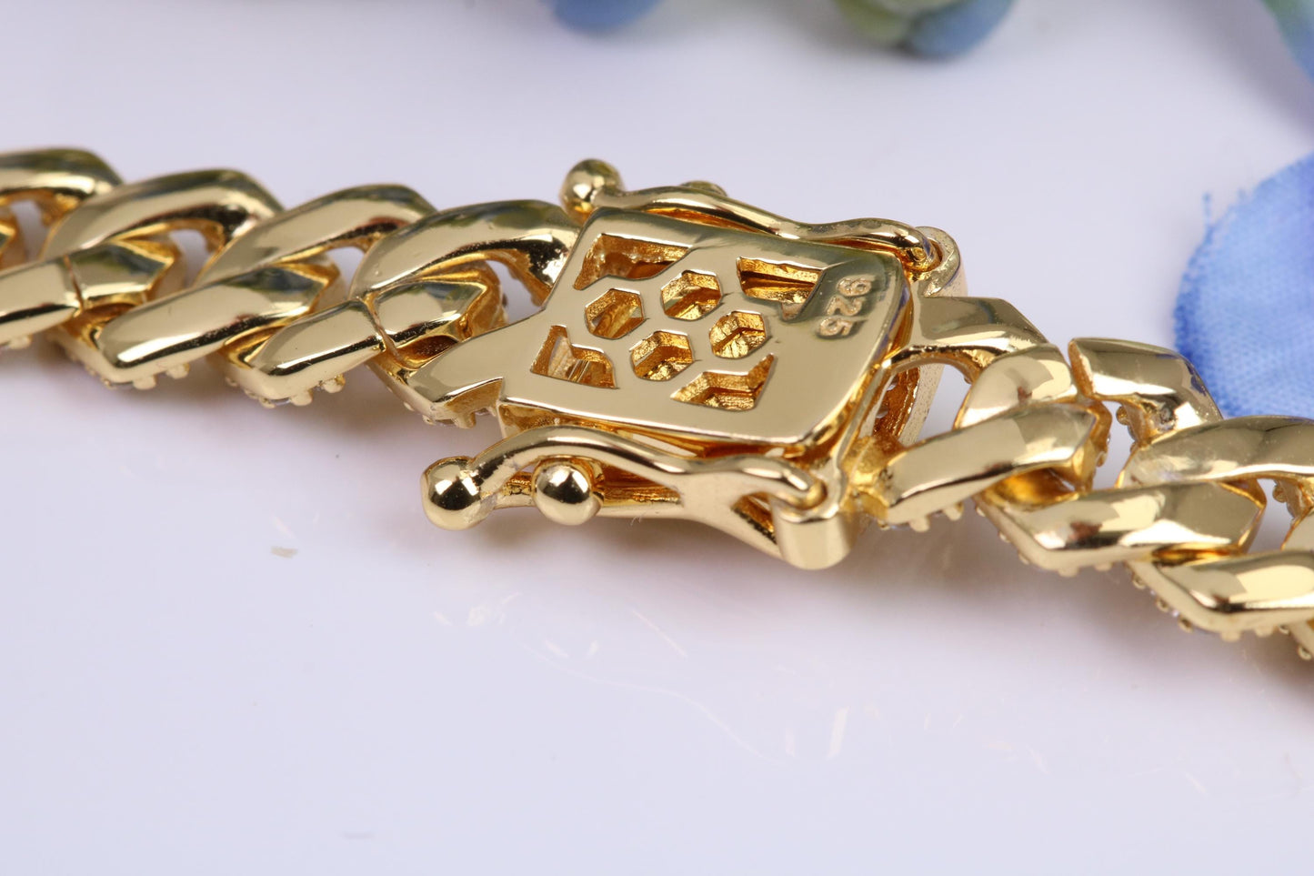 Gents heavy 24 inch Chain, Flat Cubic Zirconia set Links, made from solid Sterling Silver, 22 Inches Long x 8 mm wide, Yellow Gold Plated