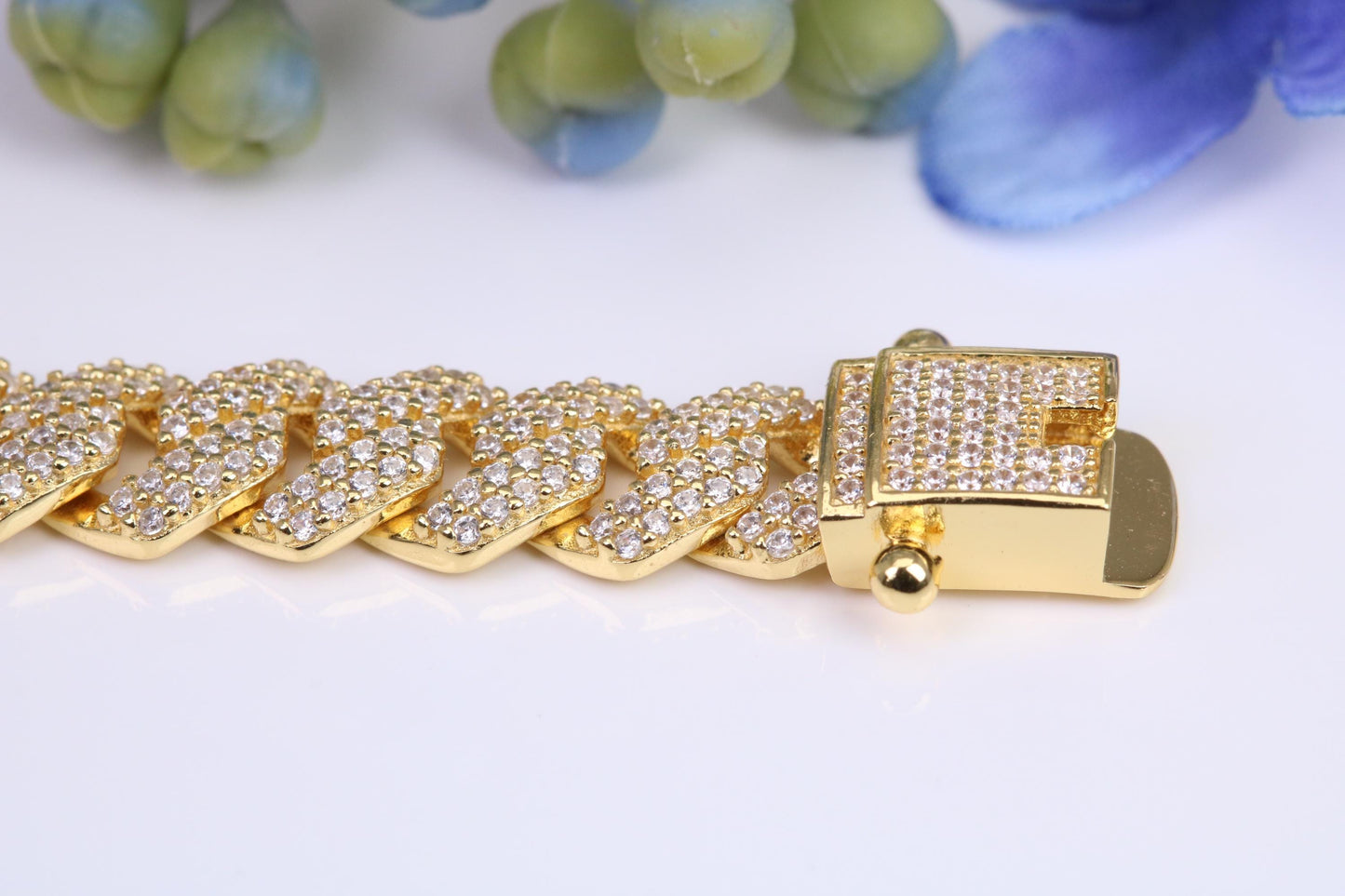 Gents heavy 24 inch Chain, Flat Cubic Zirconia set Links, made from solid Sterling Silver, 22 Inches Long x 8 mm wide, Yellow Gold Plated