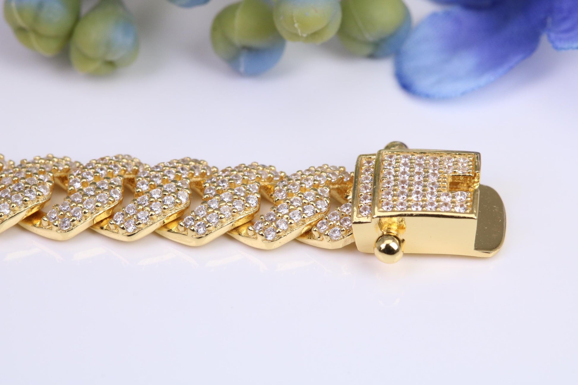 Gents heavy 24 inch Chain, Flat Cubic Zirconia set Links, made from solid Sterling Silver, 22 Inches Long x 8 mm wide, Yellow Gold Plated