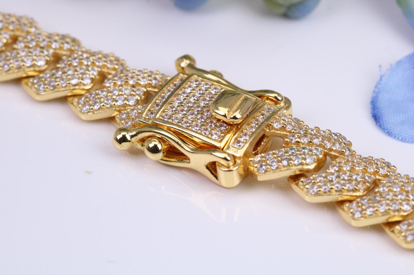 Gents heavy 24 inch Chain, Flat Cubic Zirconia set Links, made from solid Sterling Silver, 22 Inches Long x 8 mm wide, Yellow Gold Plated