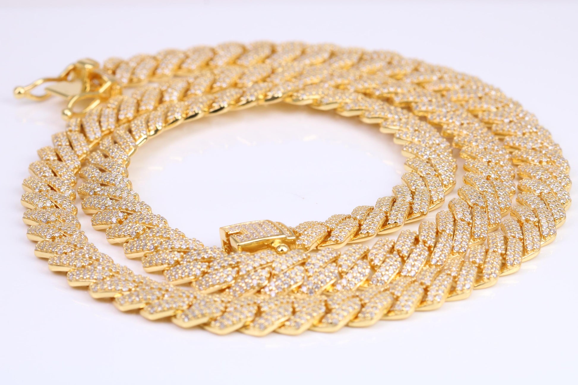 Gents heavy 24 inch Chain, Flat Cubic Zirconia set Links, made from solid Sterling Silver, 22 Inches Long x 8 mm wide, Yellow Gold Plated