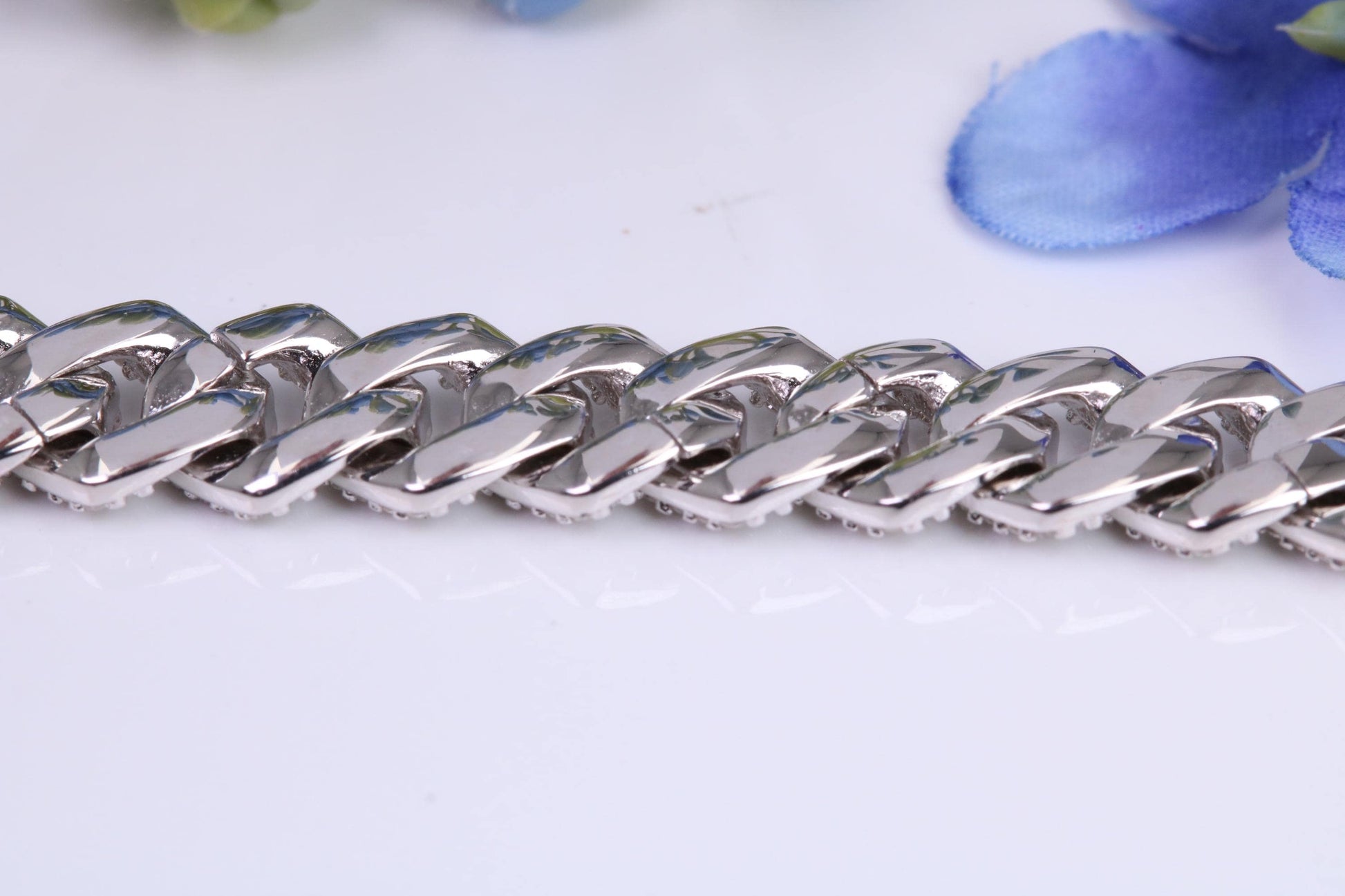 Gents heavy 24 inch Chain, Flat Cubic Zirconia set Links, made from solid Sterling Silver, 24 Inches Long x 8.50 mm wide