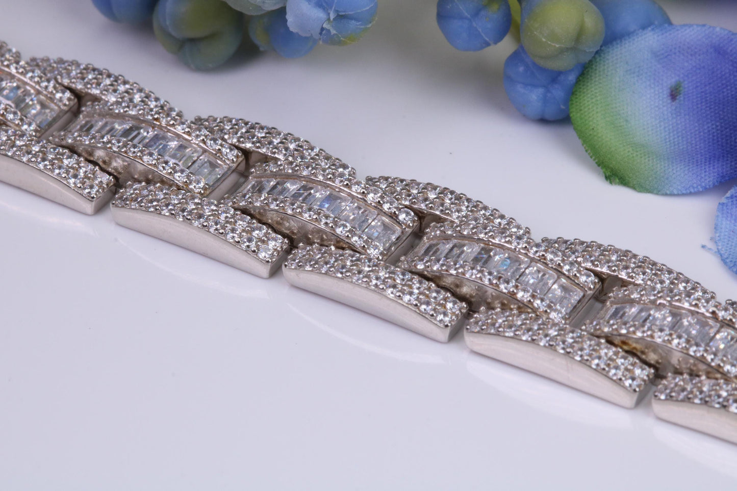 Gents Heavy C Z set Link Bracelet, Made from solid Sterling Silver, 8.50 Inches Long and 12 mm Wide, British Hallmarked