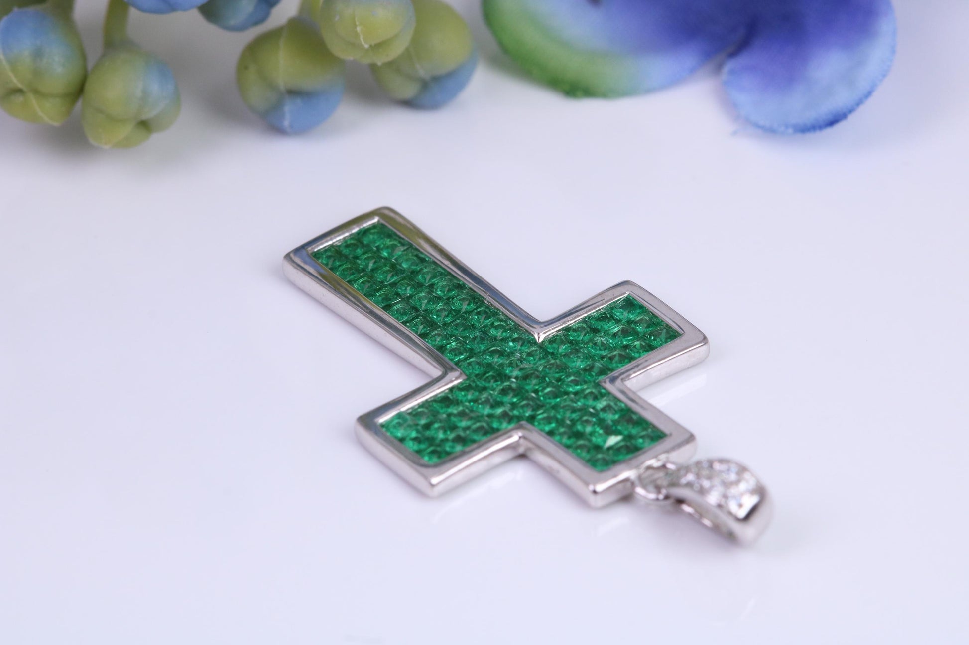 30 mm Long Emerald C Z set Sterling Silver Cross, Made From Solid Cast Silver