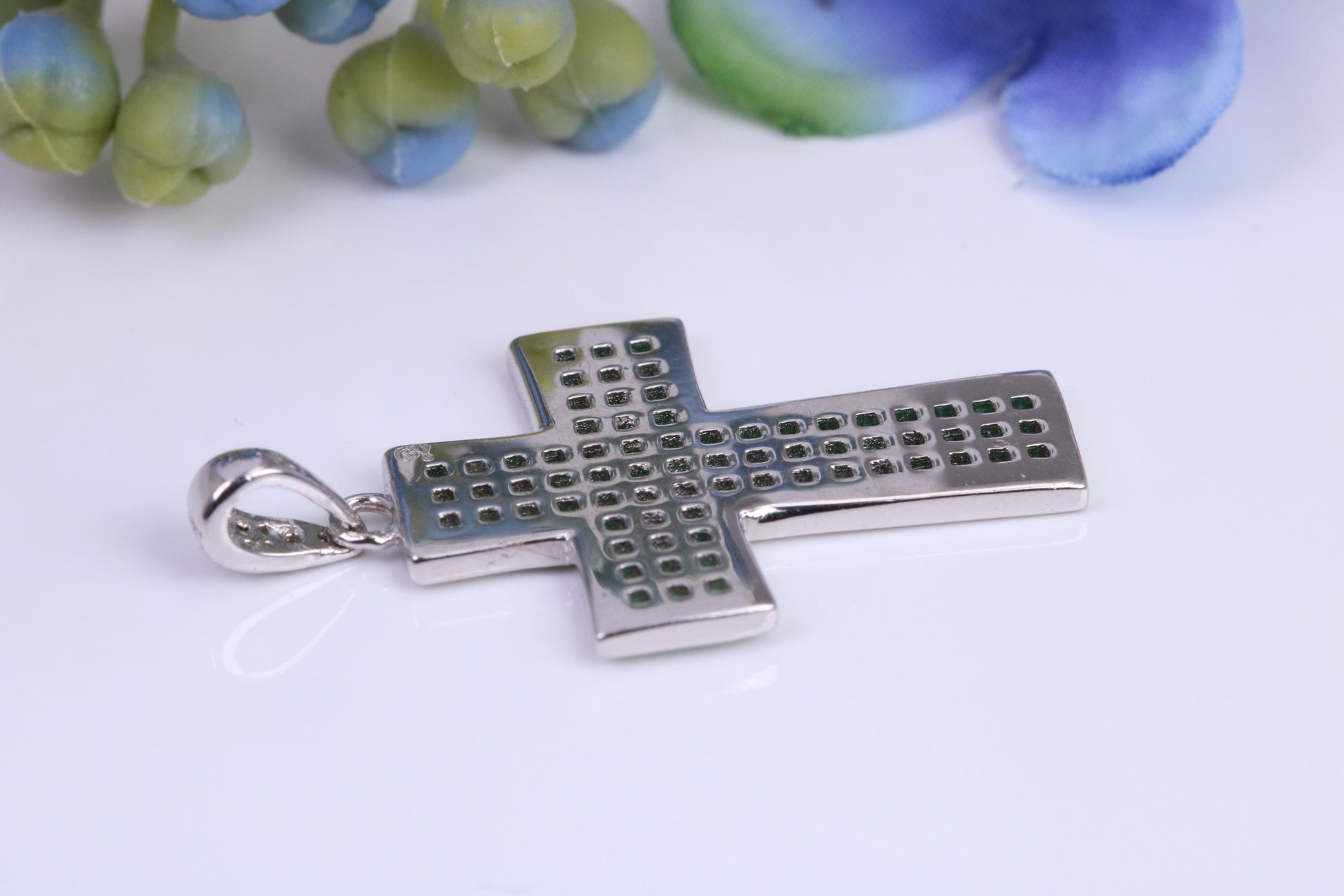 30 mm Long Emerald C Z set Sterling Silver Cross, Made From Solid Cast Silver